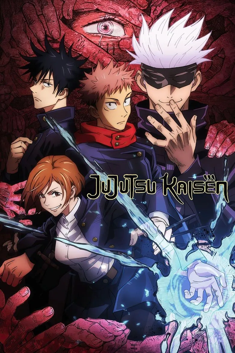 Tấm poster chính thức của anime Jujutsu Kaisen, giới thiệu các nhân vật chính và biểu tượng của series.