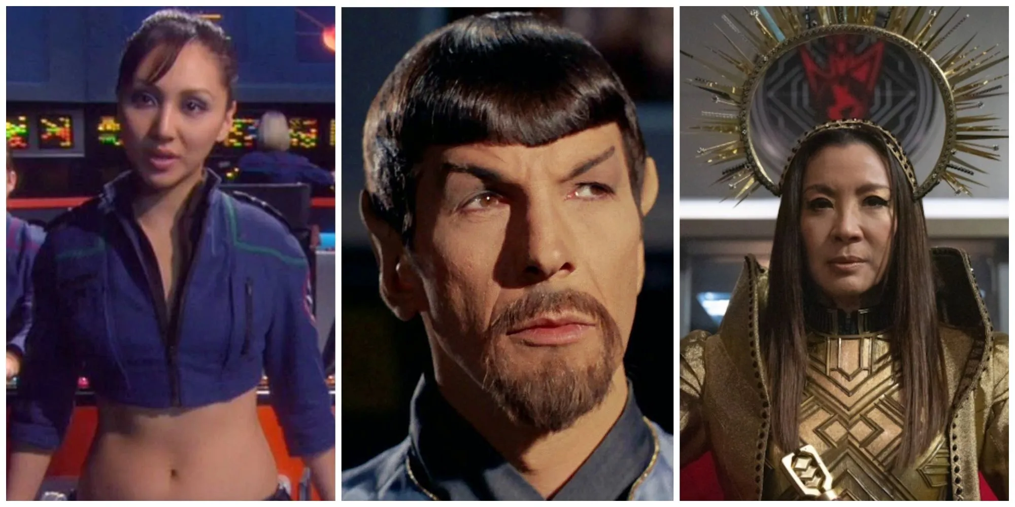 Tập hợp các nhân vật nổi bật trong Vũ trụ Phản chiếu Star Trek như Spock, Sato và Georgiou, minh họa sự đa dạng của phiên bản ác nhân.