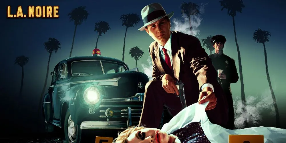 Thám tử Cole Phelps đang khám nghiệm hiện trường một vụ án mạng, với chiếc xe cảnh sát phía sau trong LA Noire