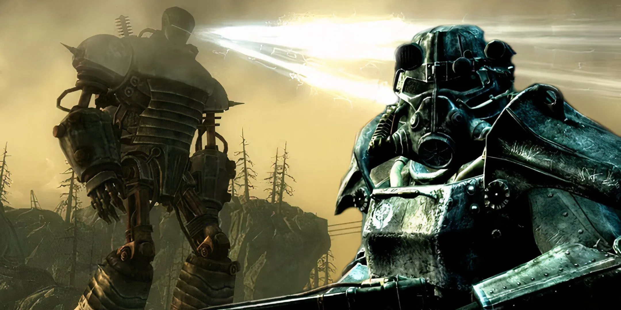 Thành viên Brotherhood of Steel với robot Liberty Prime phía sau trong Fallout 3.