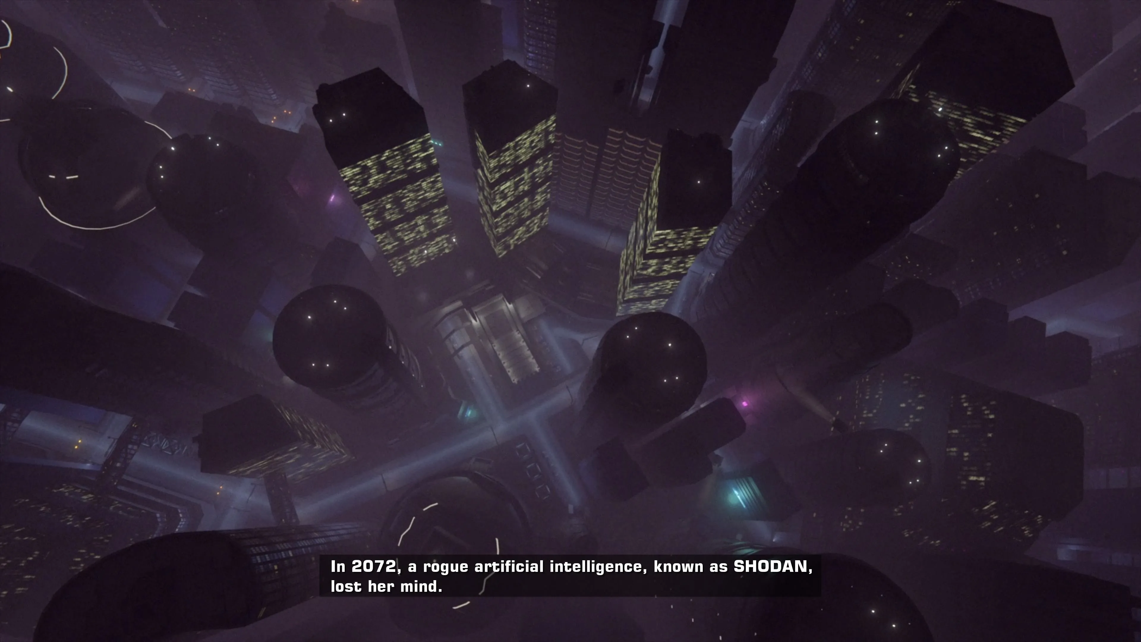Toàn cảnh thành phố trên con tàu Citadel Station trong System Shock 2.