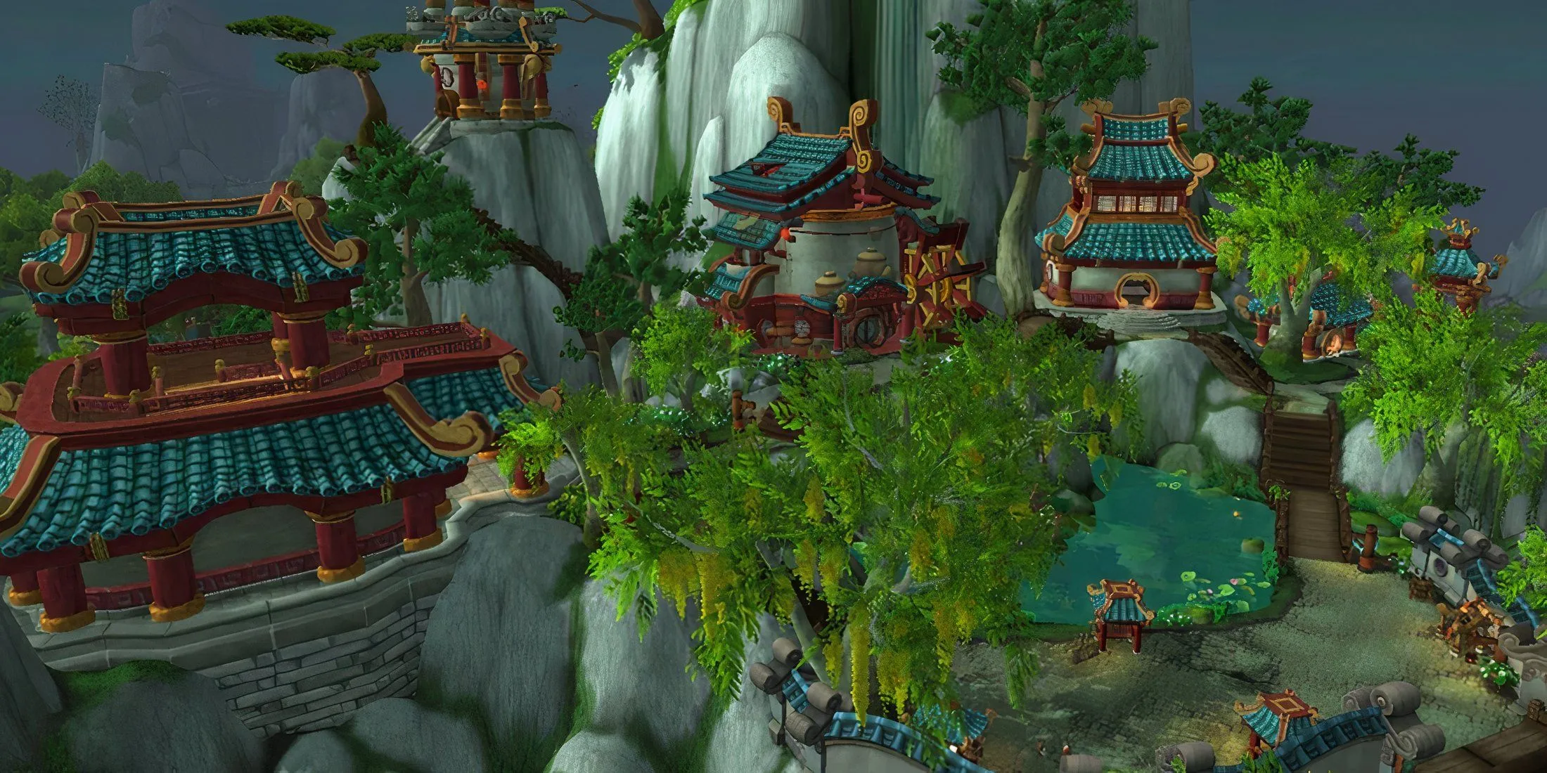 Toàn cảnh thị trấn Dawn's Blossom, trung tâm giao thương và huấn luyện trong Mists of Pandaria