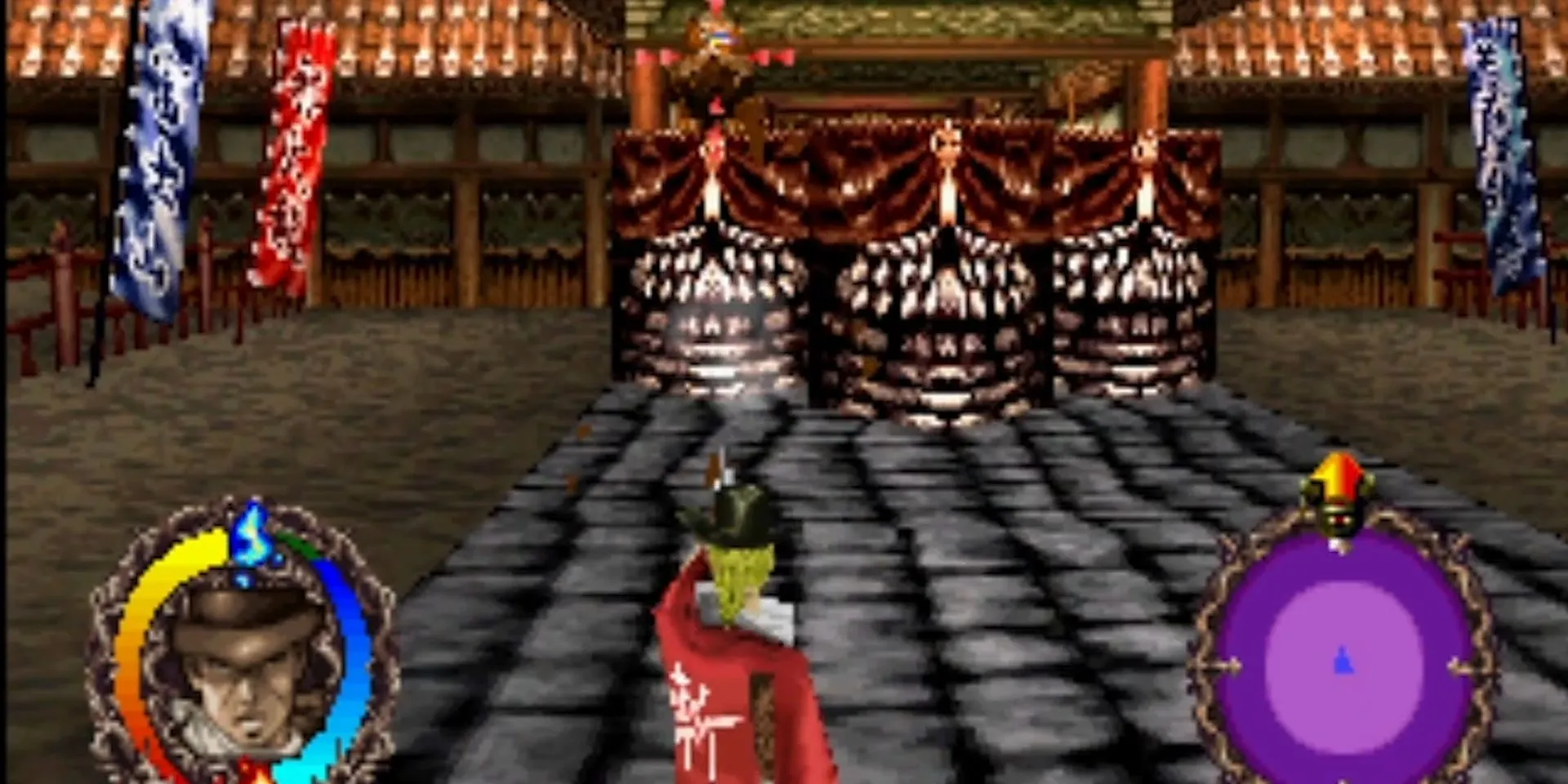 Tư thế chiến đấu kết hợp kiếm và súng đặc trưng của nhân vật chính trong Rising Zan: The Samurai Gunman trên PS1