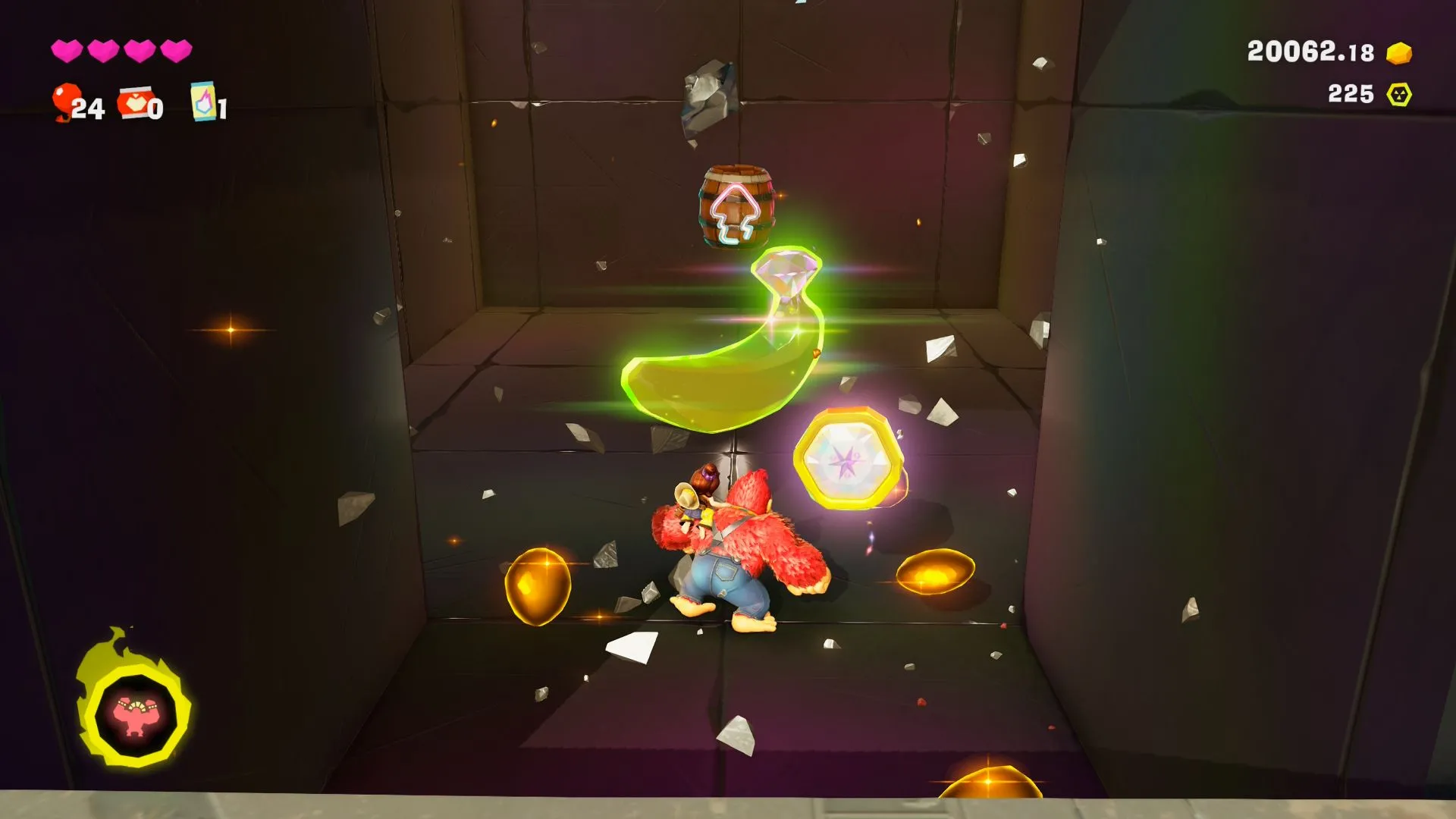 Vị trí Banandium Gem số 1 ẩn sau bức tường phá hủy trong màn Stompy Ascent của Donkey Kong Bananza