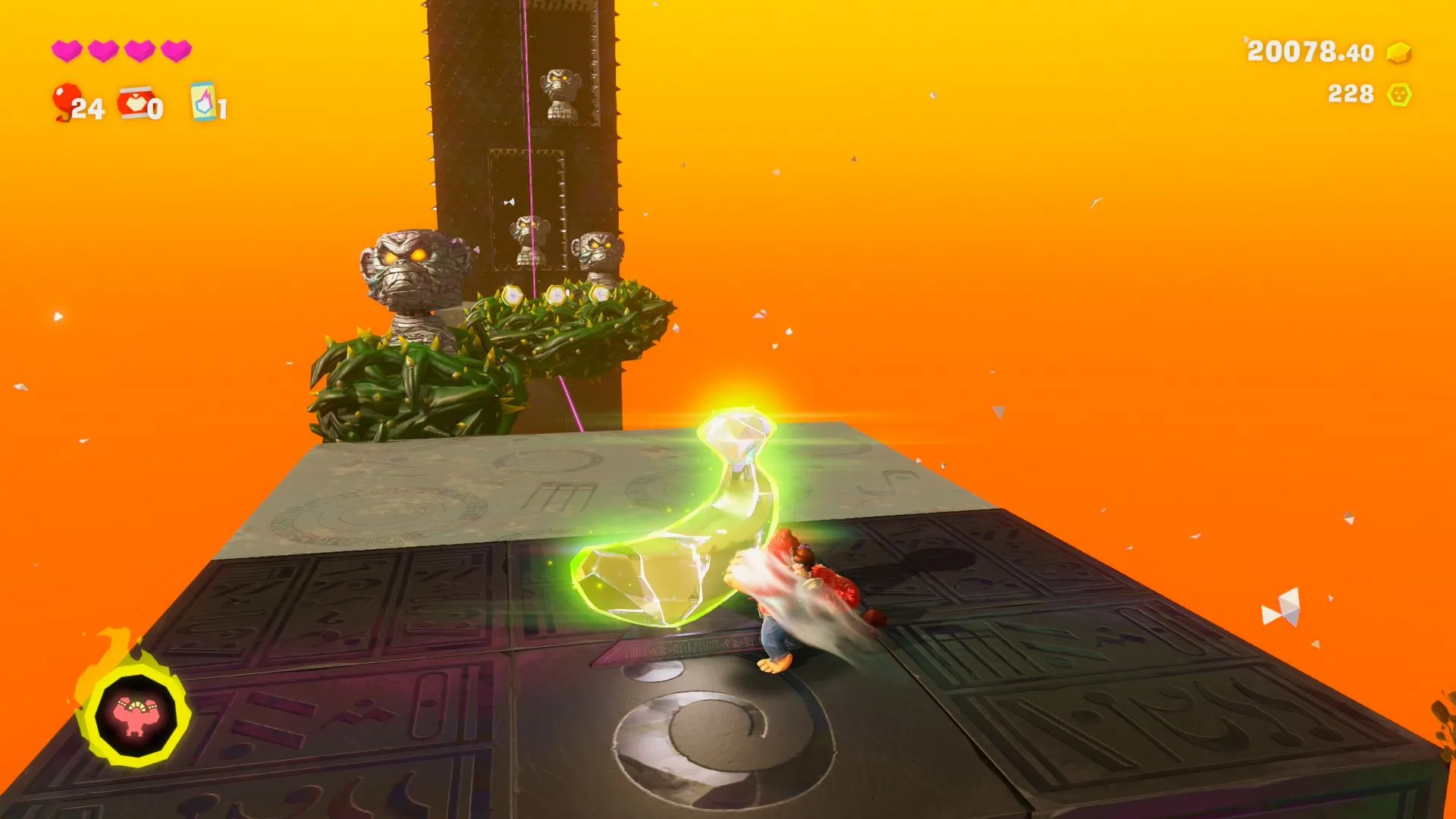 Vị trí Banandium Gem số 2 dễ thấy trên đường đi trong màn Stompy Ascent của Donkey Kong Bananza