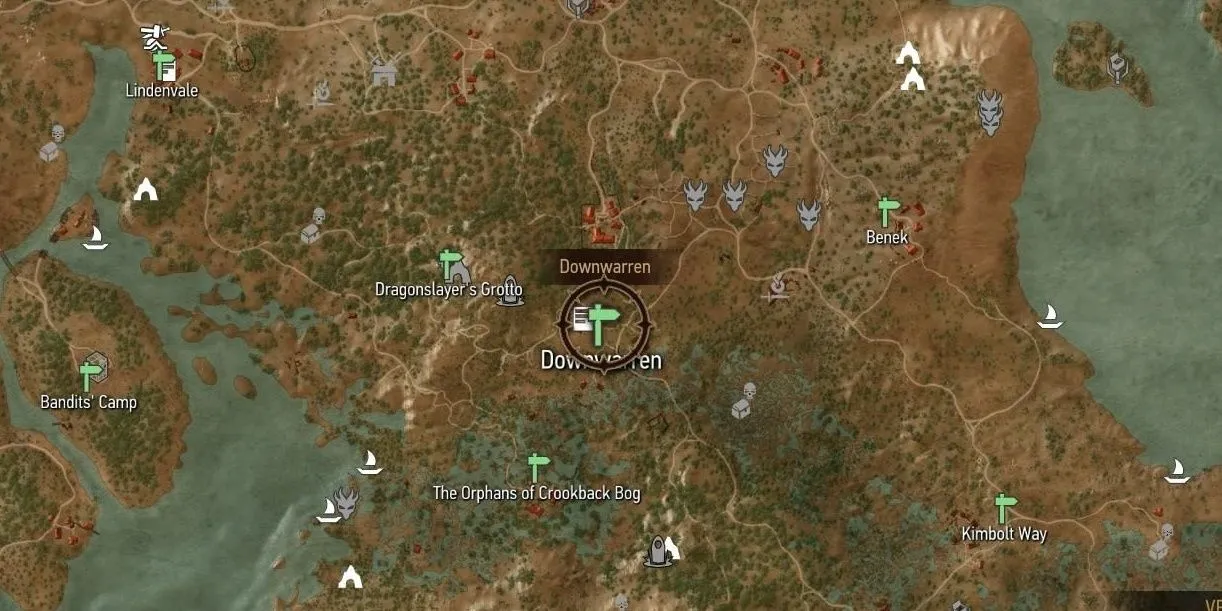 Vị trí Downwarren trên bản đồ, gần khu vực đầm lầy hiểm nguy Crookback Bog của The Witcher 3.